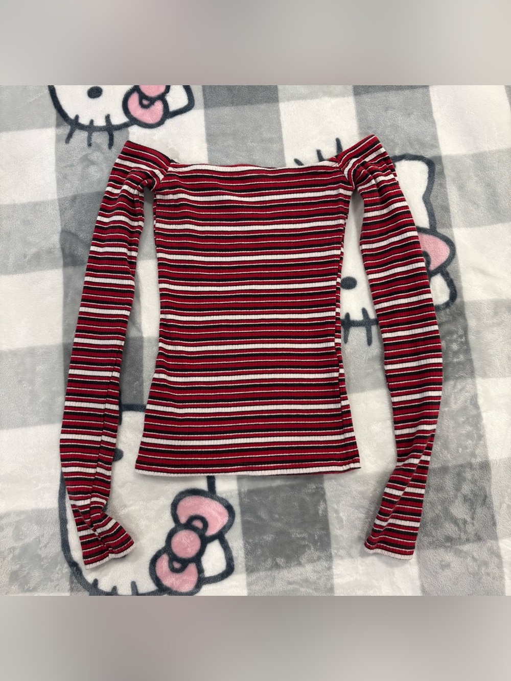 Hollister Red Black & White Striped Off Shoulder Long Sleeve Top